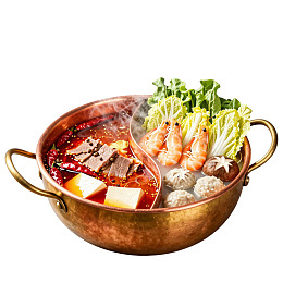 铜锅鸳鸯火锅配鲜虾蔬菜