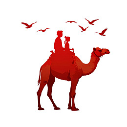 红色剪影中两人骑骆驼飞翔