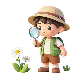 卡通男孩手持放大镜观察花朵