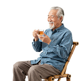 白发老人手持茶杯微笑