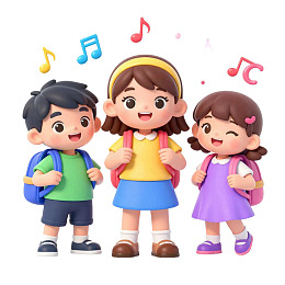 三个背着书包的卡通儿童唱歌