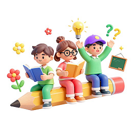 三个孩子在铅笔上阅读学习