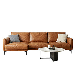 棕色皮质沙发配简约茶几