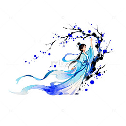 水墨风格仙女与树枝艺术插画