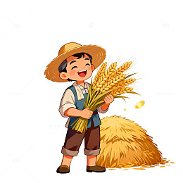 卡通农民收获麦穗插画