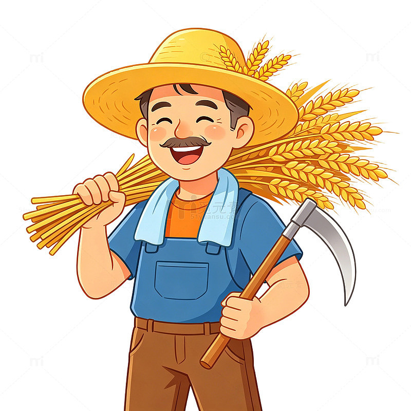 卡通农民收割稻谷插画