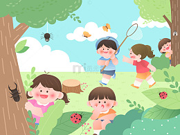 儿童节小伙伴森林探险捉蝴蝶瓢虫教育插画