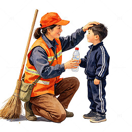环卫工人与小男孩互动卡通插画