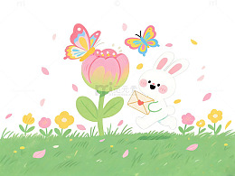 卡通春日花丛兔子插画