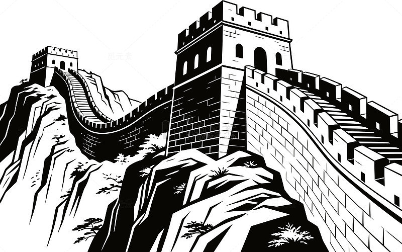 长城黑白线条手绘图