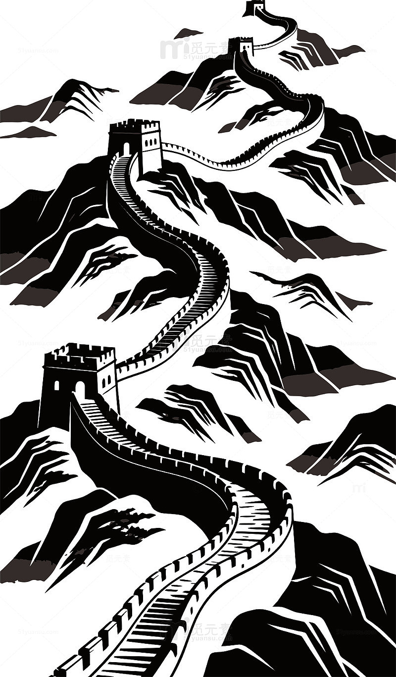 黑白长城水墨画