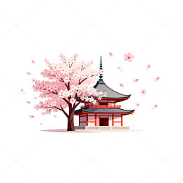 日式樱花寺庙插画设计