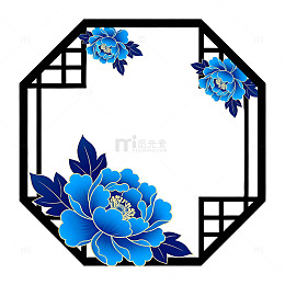 蓝色牡丹窗格装饰图案