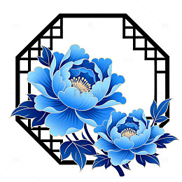 蓝色牡丹花纹窗格图案设计