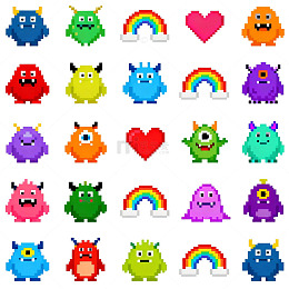 像素风可爱小怪兽彩虹爱心图案集