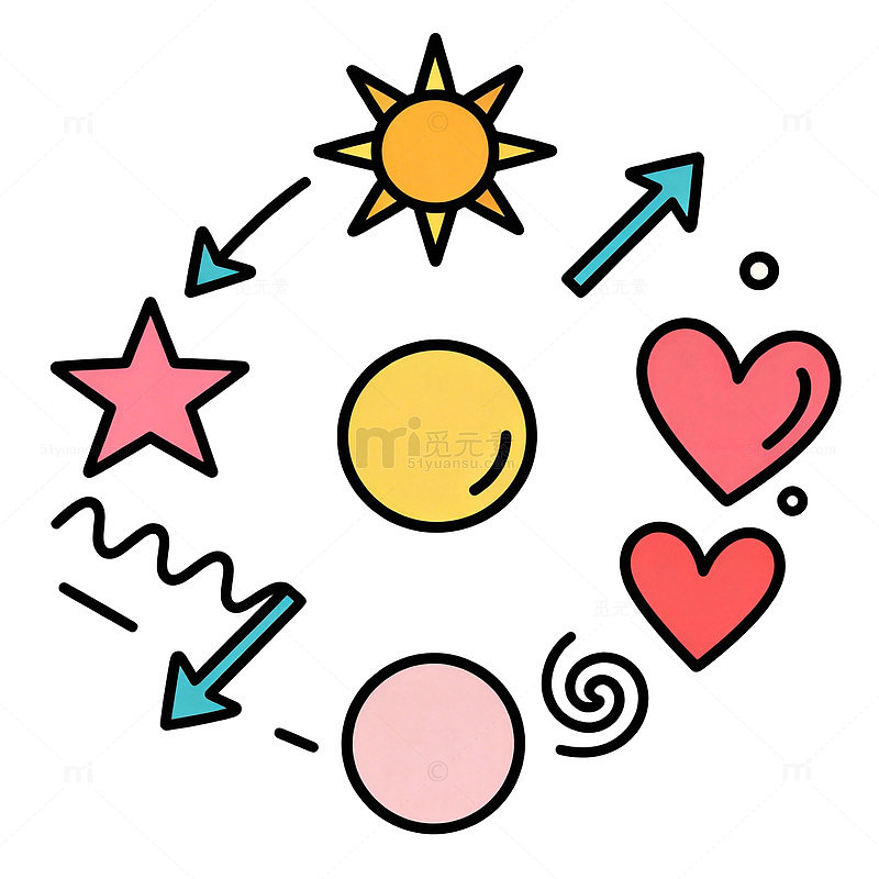 卡通风格太阳星星爱心图案插画