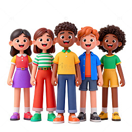 卡通风格儿童合影3D模型素材