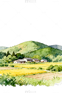 水彩田园风光村落景象