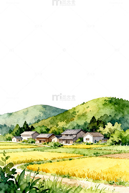 水彩田园风光村落插画