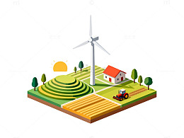 田园风光风力发电插画