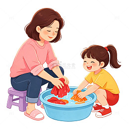 母女洗衣欢乐插画