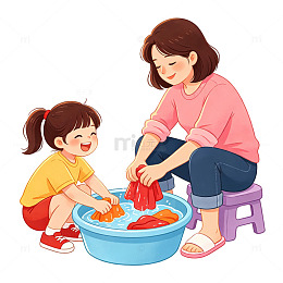 亲子互动洗衣卡通插画