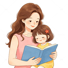 母女共读温馨插画