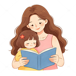 温馨母女共读书插画