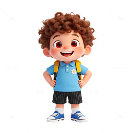 卷发小男孩背书包叉腰上学
