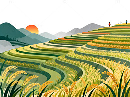 田园风光稻田日落插画