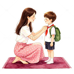 温馨母子开学准备插画