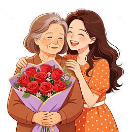 温馨母女插画鲜花礼物