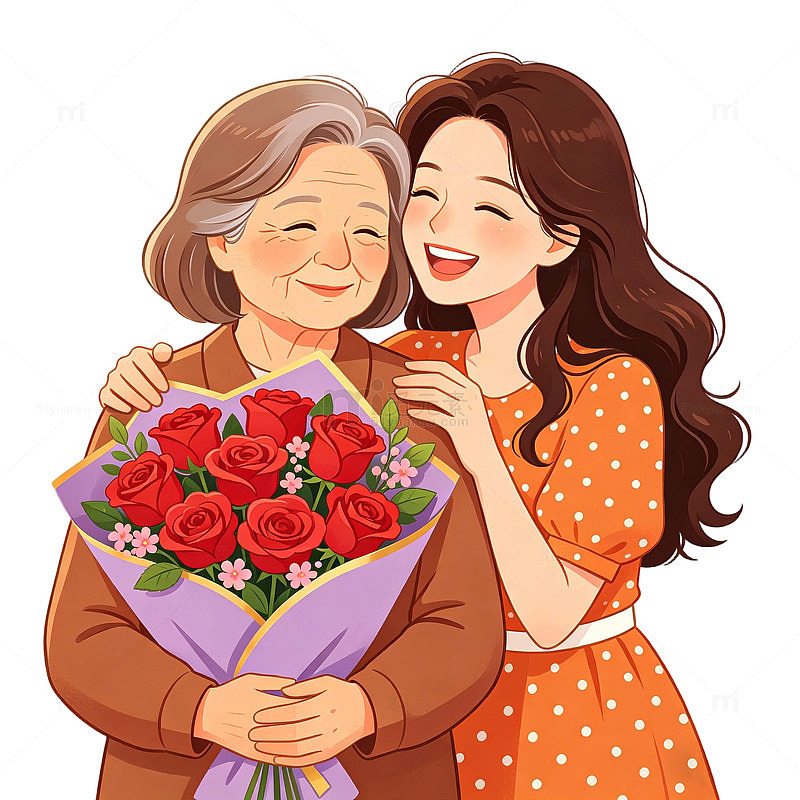 温馨母女插画鲜花礼物