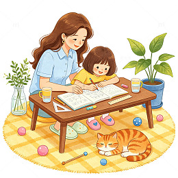 温馨家庭读书时光插画