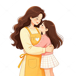 温馨母女插画亲子互动场景