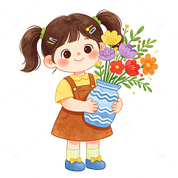 卡通小女孩捧花瓶插画