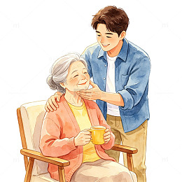 温馨亲情插画手绘年轻人照顾老人