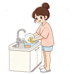 卡通女性洗碗日常场景