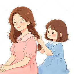 母女温馨编发卡通插画