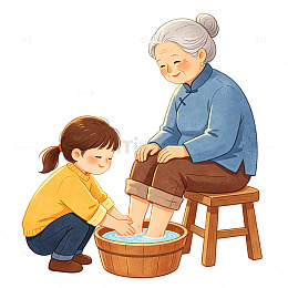 温馨亲情插画小女孩为奶奶洗脚