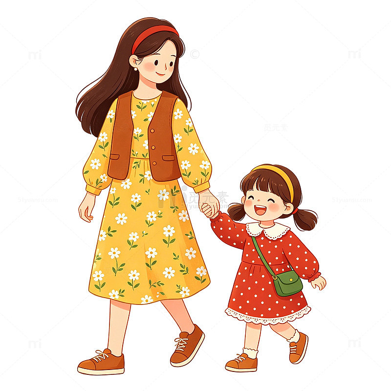 亲子插画母女散步温馨场景