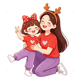 卡通亲子装红色T恤插画