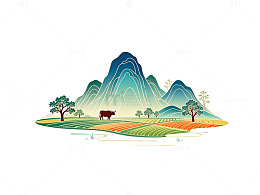 田园风光山水画矢量图