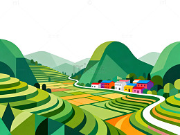 田园风光山水村落插画