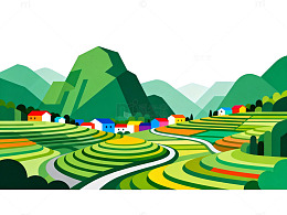 田园风光卡通村庄插画