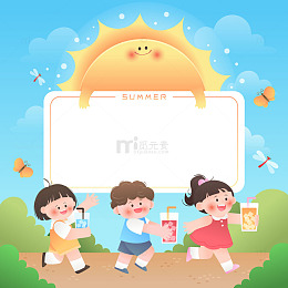夏季孩子海边玩耍防晒喝果汁儿童插画背景