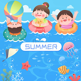 夏季孩子大海游泳玩耍海星鱼群儿童插画背景