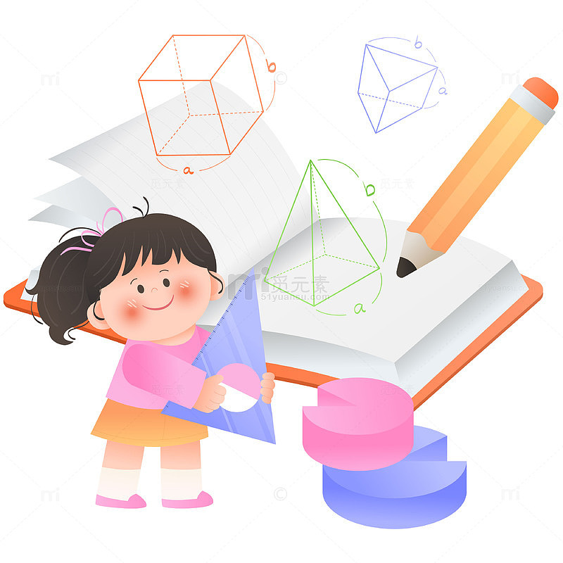 数学课几何算法三角尺女孩学习儿童教育插画