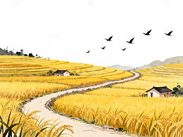 稻田秋景水墨画