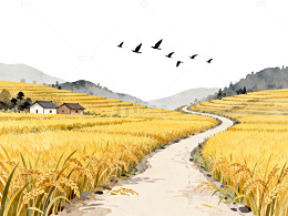田园风光稻田小径水墨画